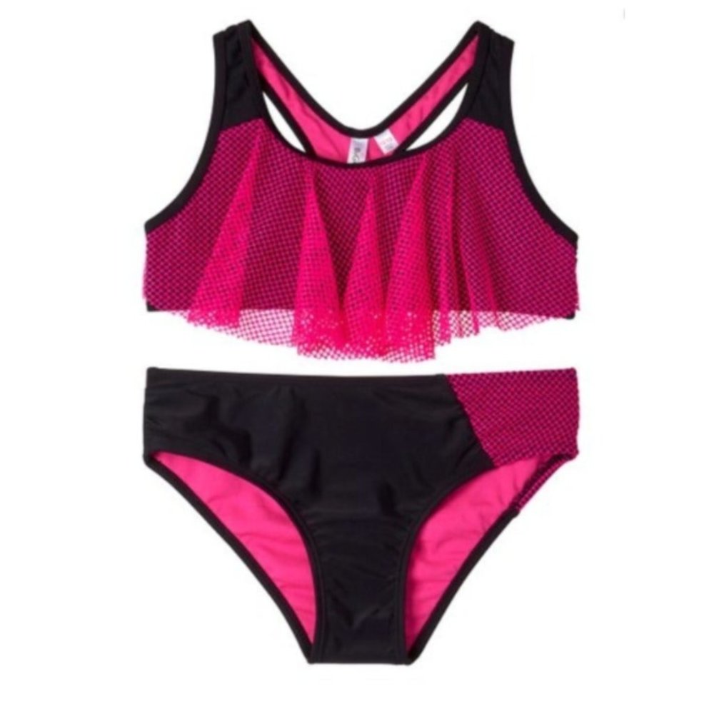 NWT Big Chill Black & Pink Mesh-Ruffle Bikini sz 4